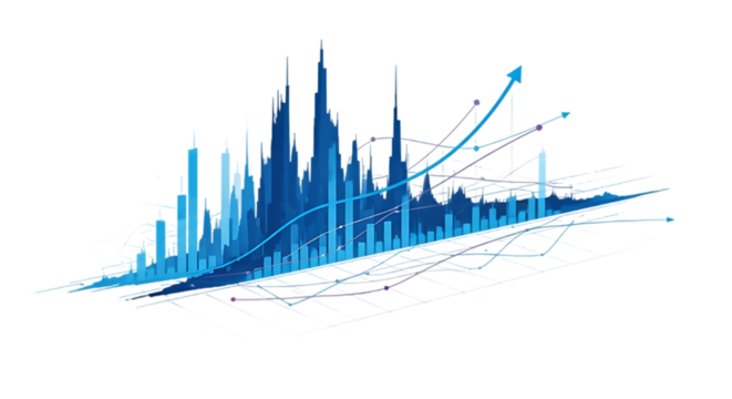 Abstract 3d futuristic glowing blue financial data visualization with rising stock market trends and graphs