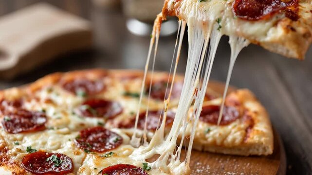 Close-up stretchy cheese and pepperoni