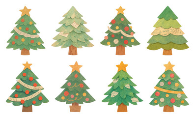PNG Whimsical handcrafted Christmas trees, element set on transparent background