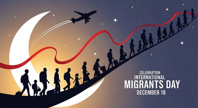 International migrants day illustration with silhouettes of people walking towards a crescent moon and airplane in the night sky