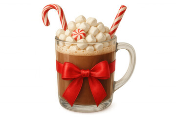 Hot chocolate drink with marshmallows, candy canes, and red ribbon, representing a cozy winter holiday season treat