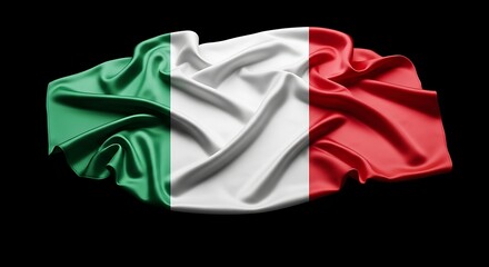 Waving italian flag made of silk fabric, draped and folded against a black background