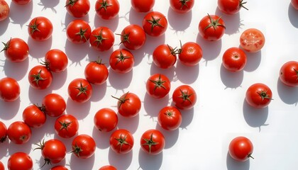 "Ripe Cherry Tomatoes Scattered on White Surface | High-Resolution Stock Photo",100% all natural