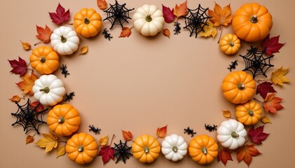 Fototapeta premium Autumn Pumpkin and Leaf Arrangement with Spider Webs