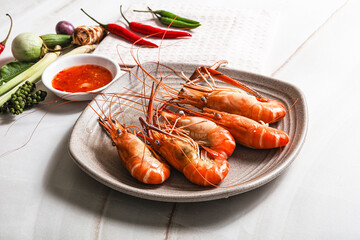 Boiled tiger prawn with sauce