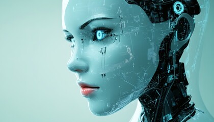 The illustration shows a detailed close-up of a female android's face, showcasing translucent skin revealing inner mechanical components and glowing blue eyes.