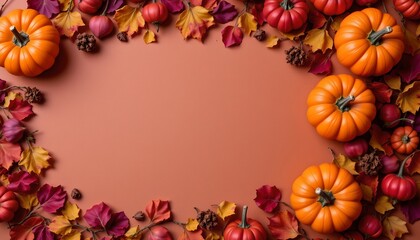 Fototapeta premium Fallthemed Border with Pumpkins Leaves and Pinecones