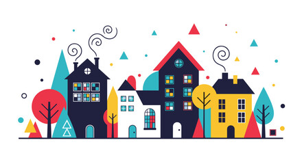 Colorful whimsical houses and trees illustration representing a vibrant neighborhood community.