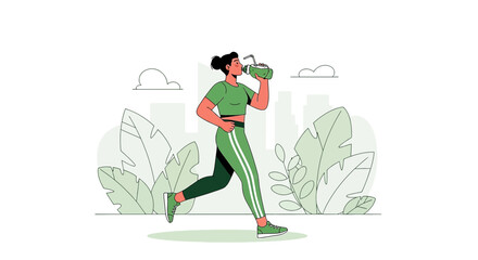 Illustration of a sporty woman running and drinking coconut water for hydration and health