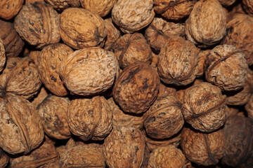 Horizontal close-up of old walnut nuts