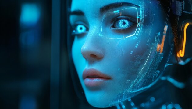 A close-up shot depicts a woman's face, partially obscured by a futuristic, glowing blue digital interface that overlays her features.