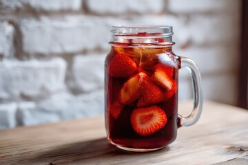 Refreshing strawberry infusion served in a mason jar on a wooden table