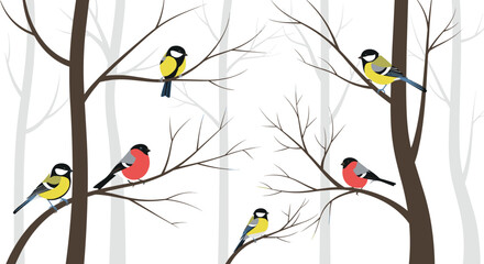 A beautiful illustration of small birds perched on bare branches during winter season.