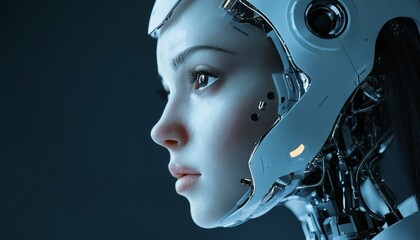 The image shows a detailed profile of a robot with a realistic female face, wearing a helmet with visible mechanical parts and wiring.