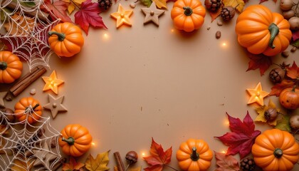 Obraz premium Festive Autumn Border with Pumpkins Leaves and Candles