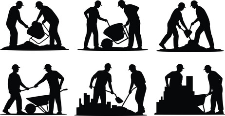 Silhouette of construction workers collaborating with wheelbarrows and shovels, teamwork in soil transport, groundwork and material handling at building construction site illustration