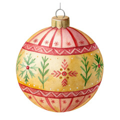 Vintage Watercolor Christmas Ornament With Red And Yellow Folk Art Patterns Keywords: christmas isolated on a transparent background