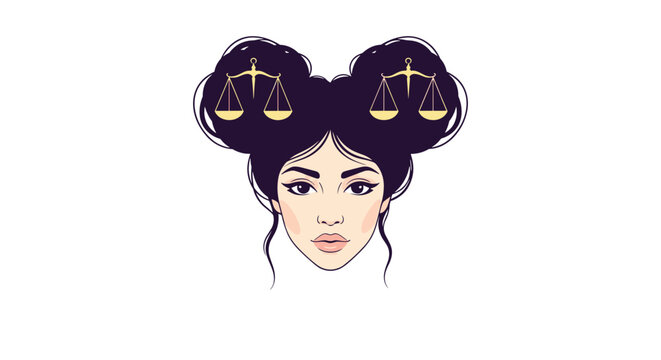 A woman with a stylized astrological symbol for Libra placed in her hair.