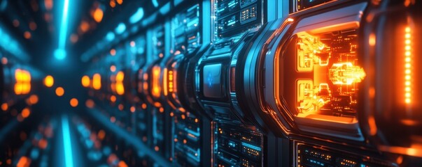 A futuristic corridor filled with glowing orange and blue technology, showcasing a high-tech environment with illuminated circuitry and advanced machinery.