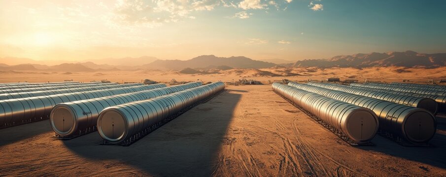 A panoramic view of metallic containers arranged in a desolate landscape under a bright sky, evoking themes of industry and sustainability.