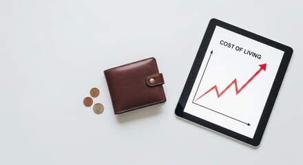 Economic recession, A wallet and coins beside a tablet displaying a rising graph highlighting financial trends and economic concerns.
