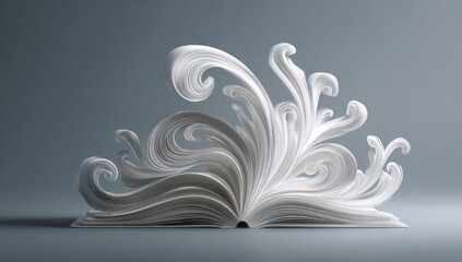 Opened book with flowing, white, ornamental swirls, elegant design on gray
