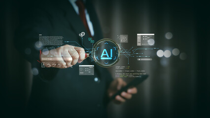 A futuristic scene with AI agents and digital interfaces representing machine learning and data processing. Perfect for articles, presentations,