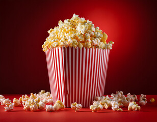 Red Popcorn Box with Popcorn Against Vivid Red Background