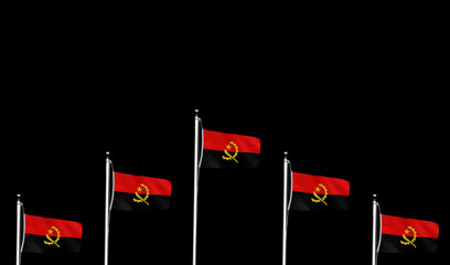 High-quality angola national flag row of flags waving against a black background - Symbol of culture, heritage, and patriotism