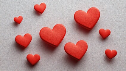 Fototapeta premium Scattered red hearts on a textured pink surface