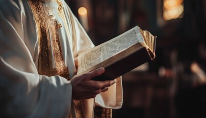 Naklejka premium A priest, wearing a white robe with gold embroidery, holds and reads from an old, open book inside a dimly lit church.