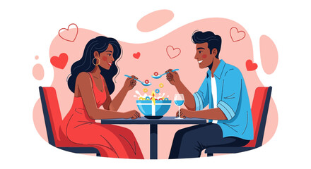Romantic couple sharing a magical breakfast with cereal on Valentine's Day card design