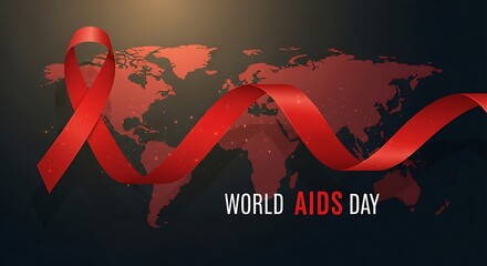 Red ribbon and world map illustration symbolizing world aids day, promoting awareness and support for hivaids prevention and care