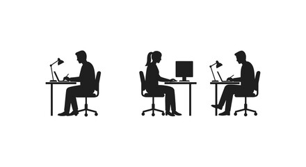 Three people working at desks with laptops a striking silhouette