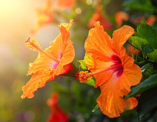 Vibrant orange hibiscus blossoms in sunlight