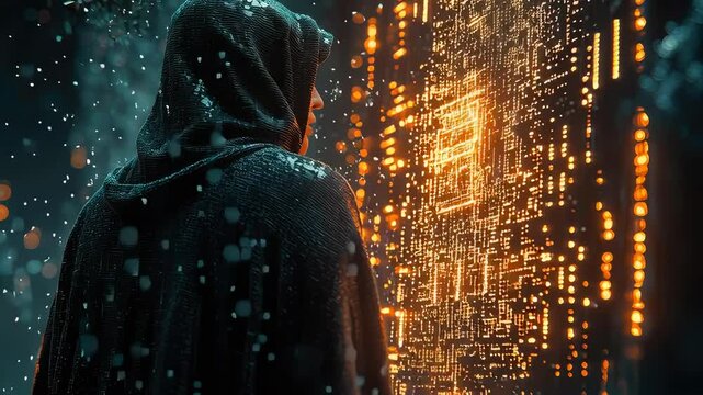 Digital hacker profile: binary crack, system breach, incognito motion, secret figure, shadow realm, network probe, code fragment, masked presence, stealth action, data flaw, hidden circuit