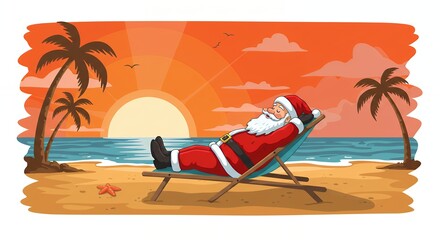 Santa claus relaxing on beach in tropical paradise under sunset