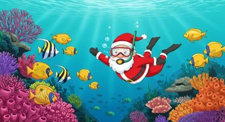 Santa claus snorkeling underwater with colorful fish and coral reefs holiday theme