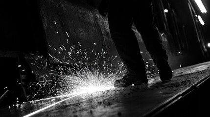 Industrial worker welding metal in dark factory, sparks flying