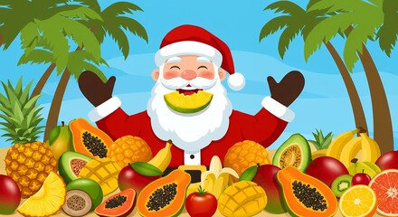 Santa claus surrounded by colorful tropical fruit under palm trees celebrating festive season
