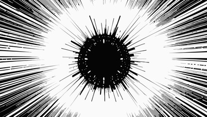 Abstract black and white artwork depicting a central dark object with radiating lines.