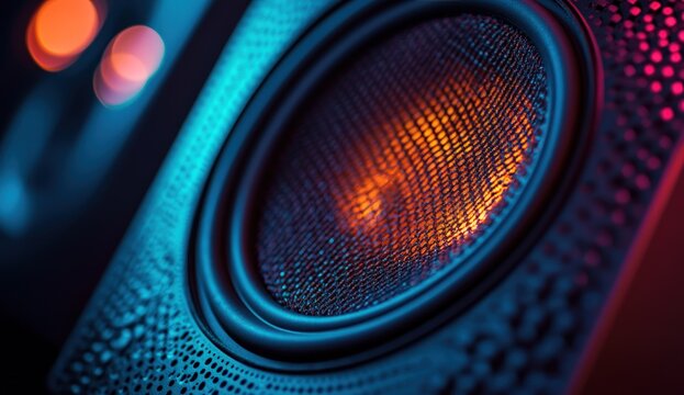 Close-up of a speaker cone with intricate grill, lit by vivid orange, blue, and red hues - Powered by Adobe