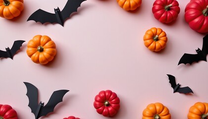 Colorful Pumpkin and Bat Halloween Flat Lay Scene