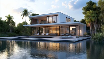 Obraz premium The illustration shows a contemporary two-story house with floor to ceiling windows, a large infinity pool, and lush tropical landscaping, all illuminated by natural light.