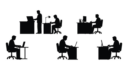 People working in an office various postures and tasks silhouette