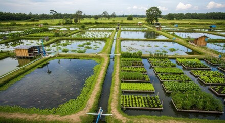 Aerial view of a rural fish farm and plant nursery in Cambodia.