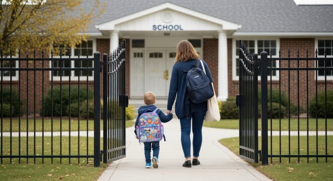 Mother and child walking towards school building, education concept.
