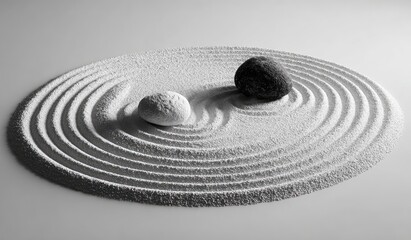 Naklejka premium Zen garden with two stones. One black, one white, in rippled sand