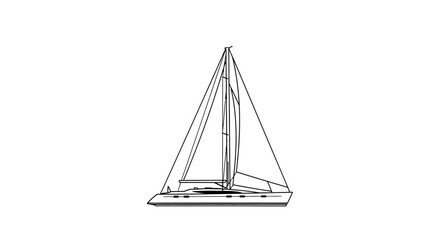 A simple line drawing depicts a sailboat with its mast, sails, and hull, isolated on white.