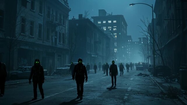 Zombies are walking down the street of an abandoned city. Halloween Concept